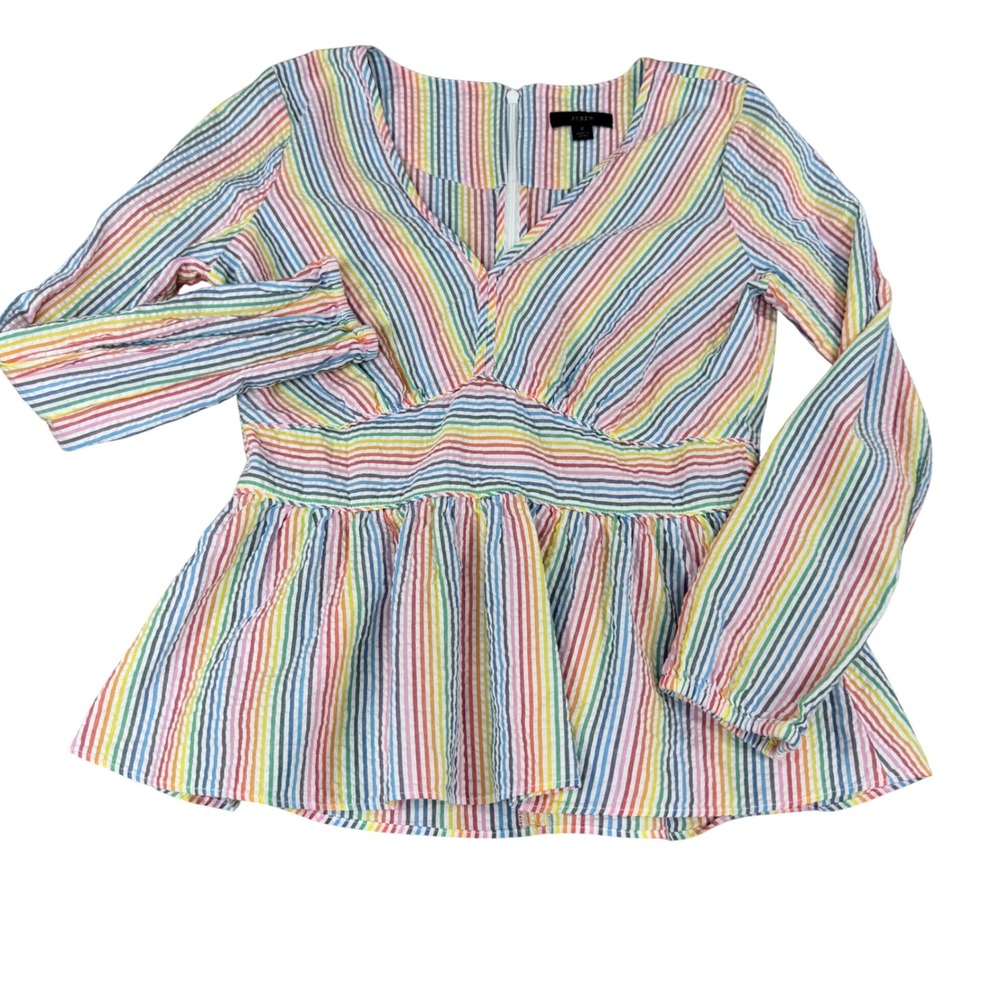 J.Crew Rainbow Stripe Seersucker Peplum Top V-Neck Long Sleeve Multi-Color 2